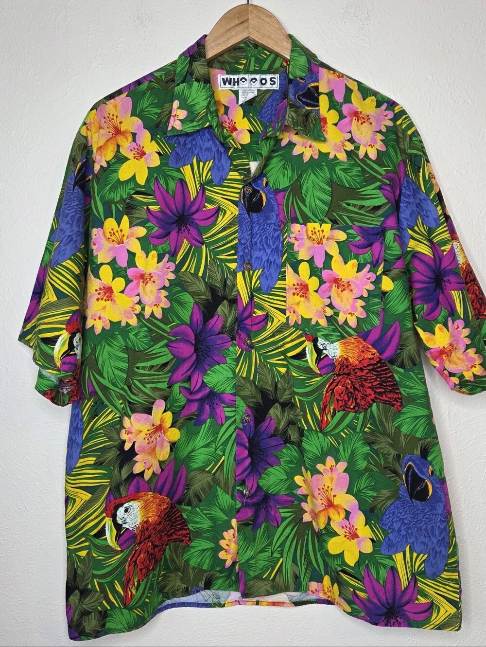 Vintage 90s Tropical Parrot Hawaiian Camp Shirt Made in USA L Dopamine Dressing